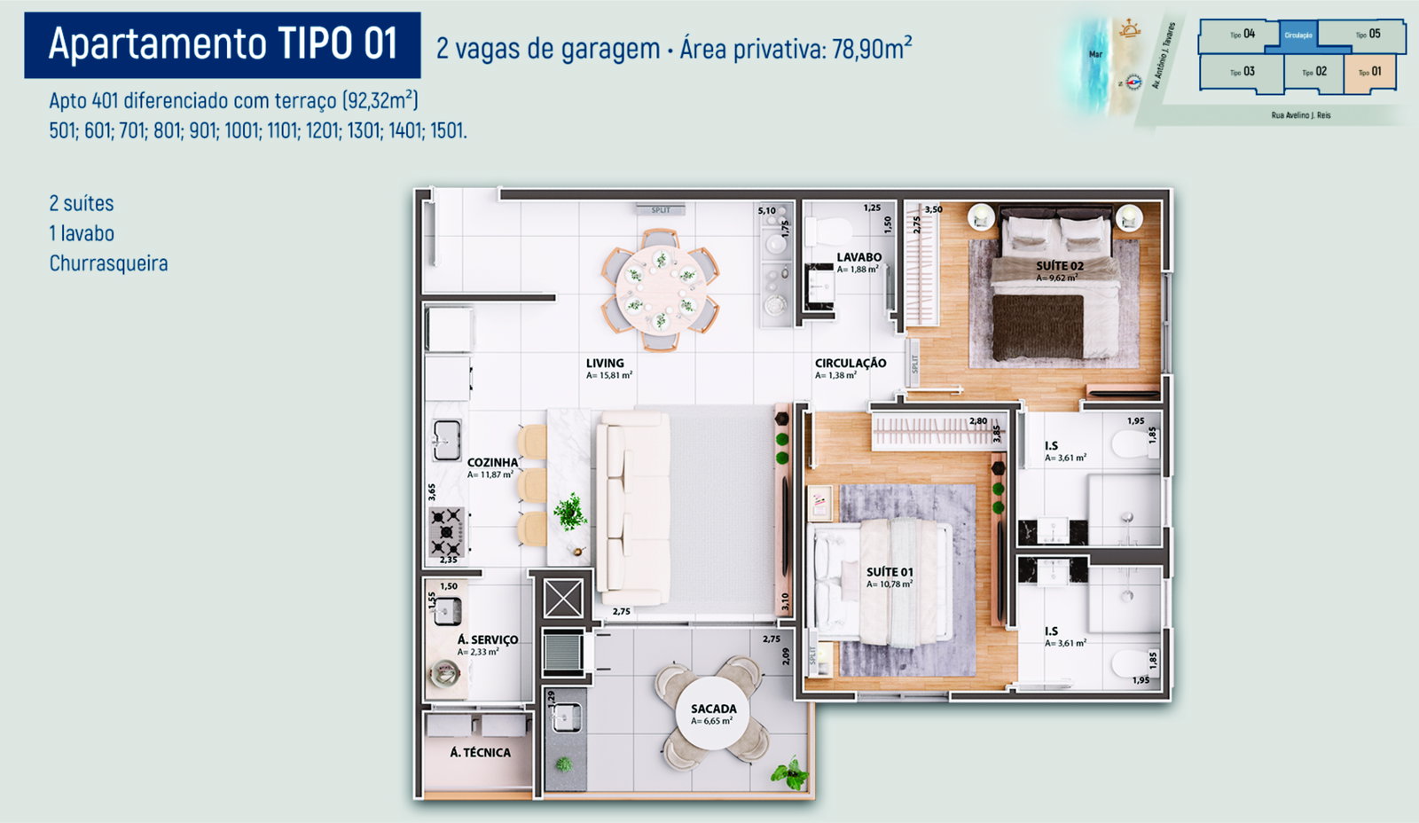 Planta Tipo 01, 2 suítes · 79 m² do Ilha de Capri