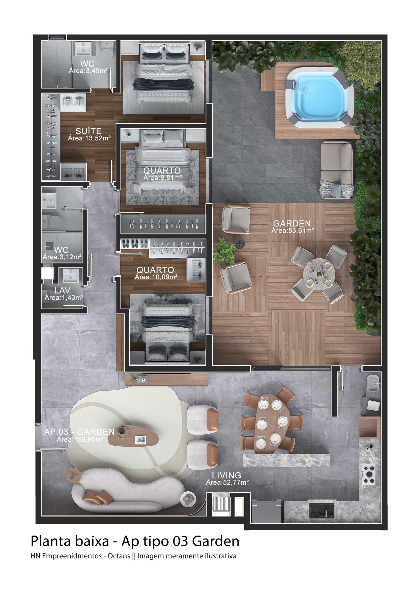Planta Tipo 03 Garden, 167 m² do Edifício Octans