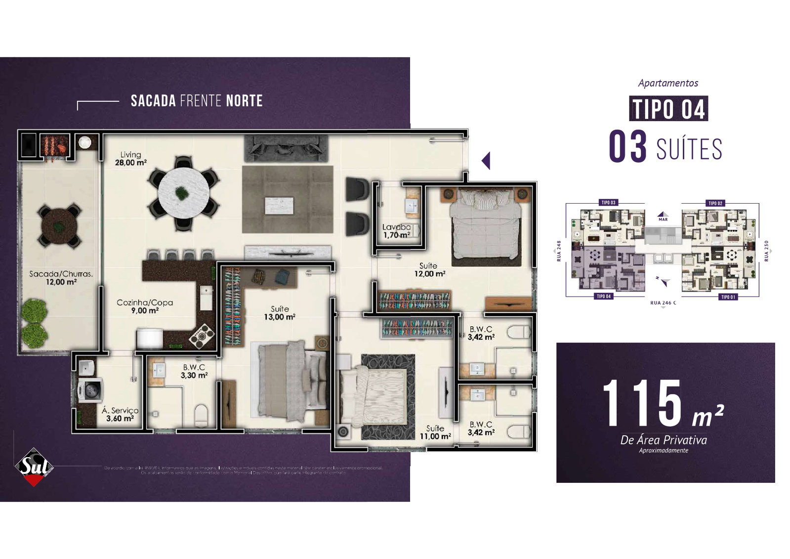 Planta Tipo 04, 3 suítes · 115 m² do La Gioia