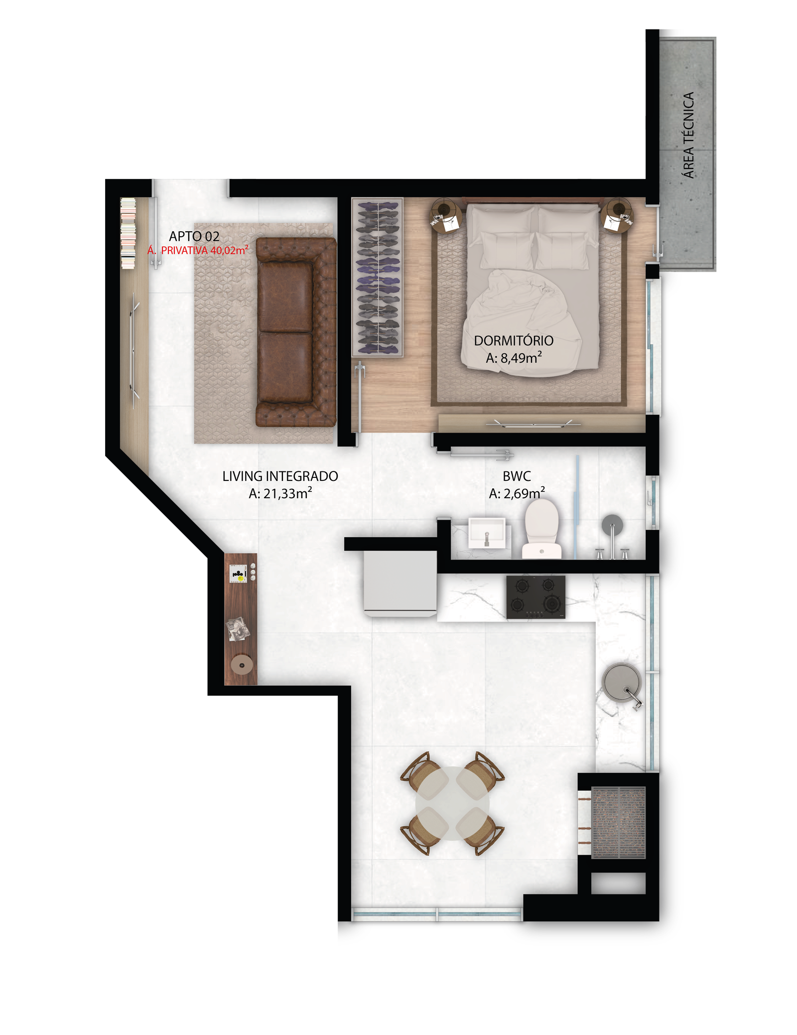 Planta Apto 02, 40 m² do Blue Tower