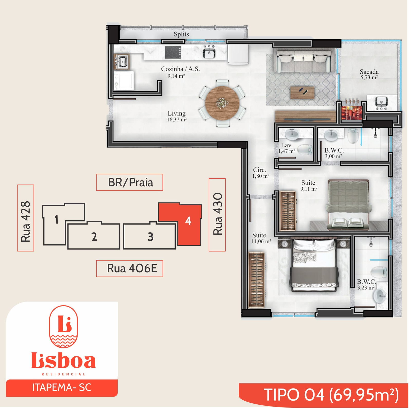 Planta Tipo 04, 70 m² do Lisboa Residencial
