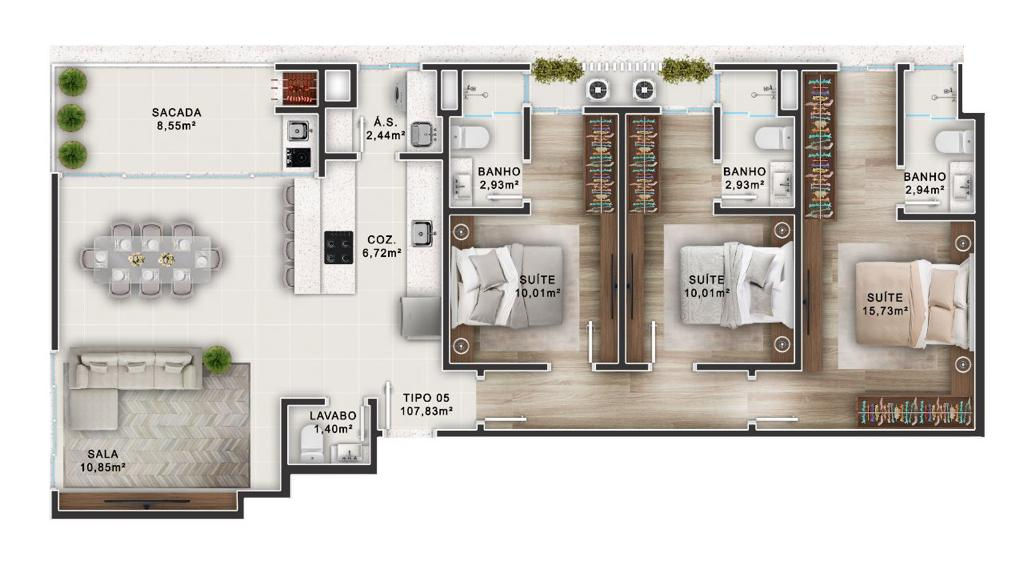 Planta Tipo 05, 108 m² do Imperador