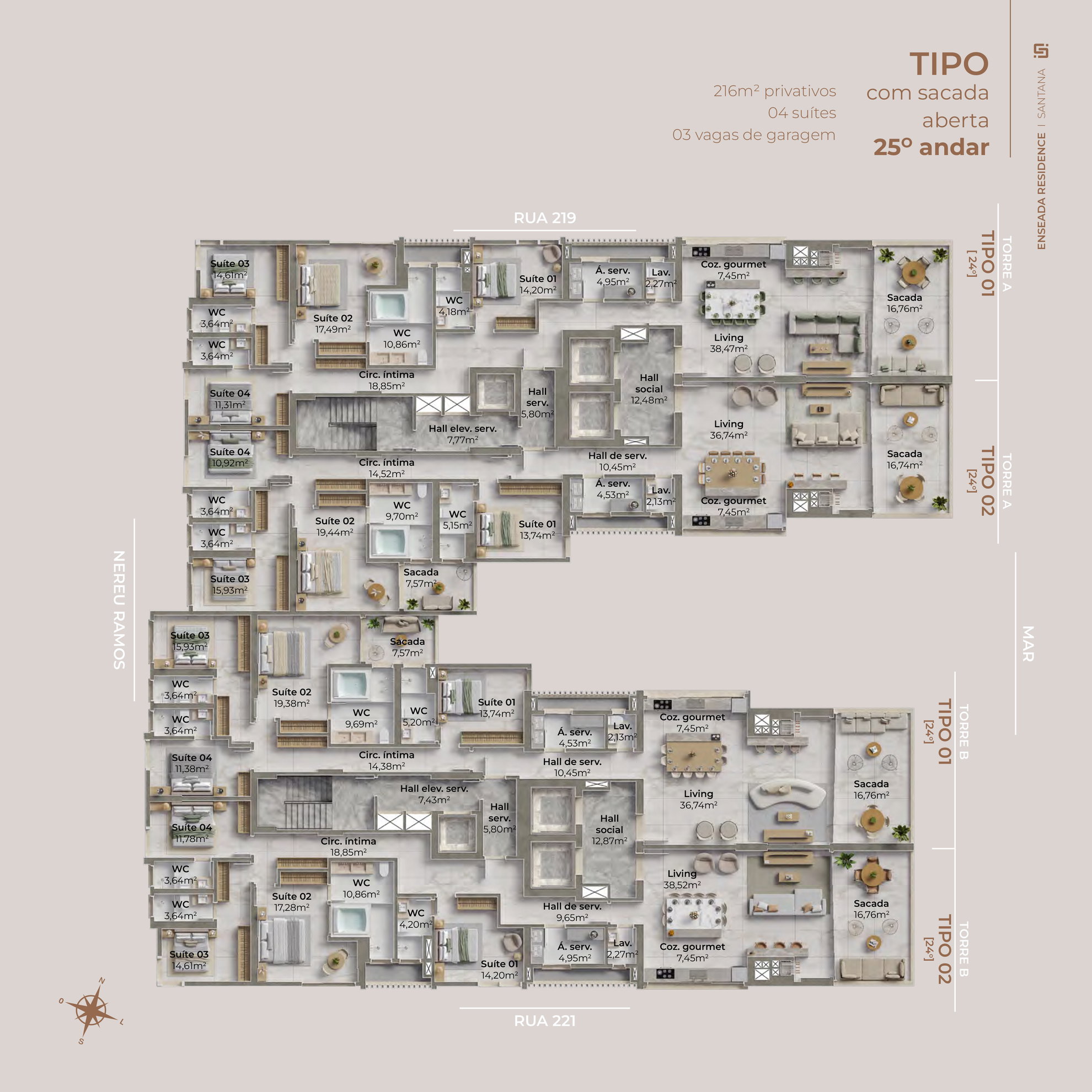 Planta Tipo, 4 suítes · 216 m² do Enseada Residence