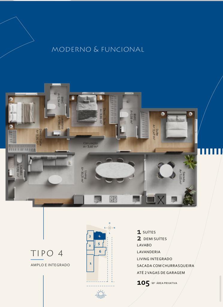 Planta Tipo 4, 3 dormitórios · 1 suíte · 105 m² do Ametisst