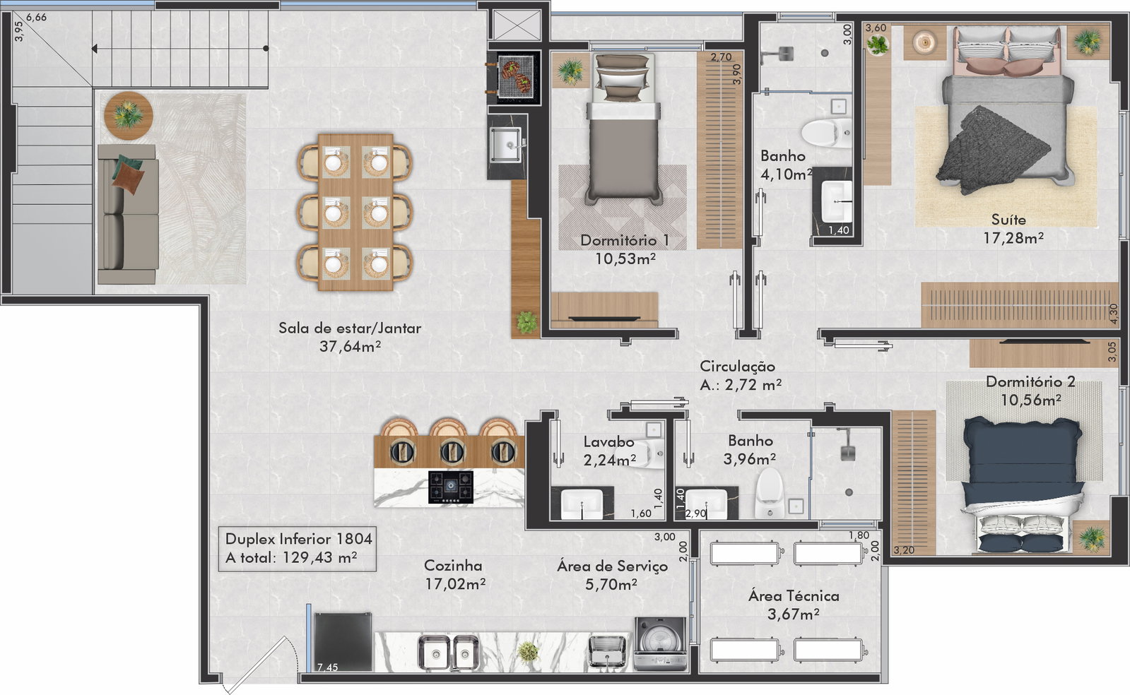 Planta Duplex Inferior 1804, 129 m² do Gran Palazzo Residence