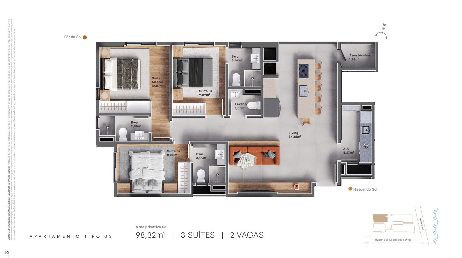 Planta Tipo 03, 3 suítes · 98 m² do Grant Vista