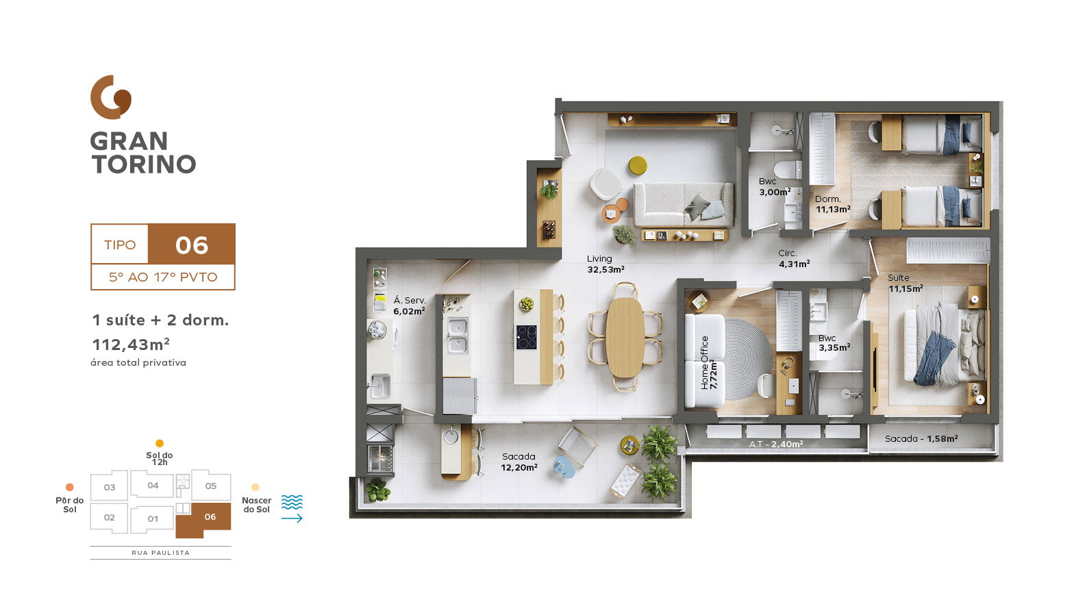 Planta Tipo 06, 3 dormitórios · 1 suíte · 112 m² do Gran Torino