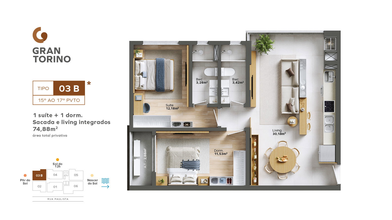 Planta Tipo 03 B, 2 dormitórios · 1 suíte · 75 m² do Gran Torino