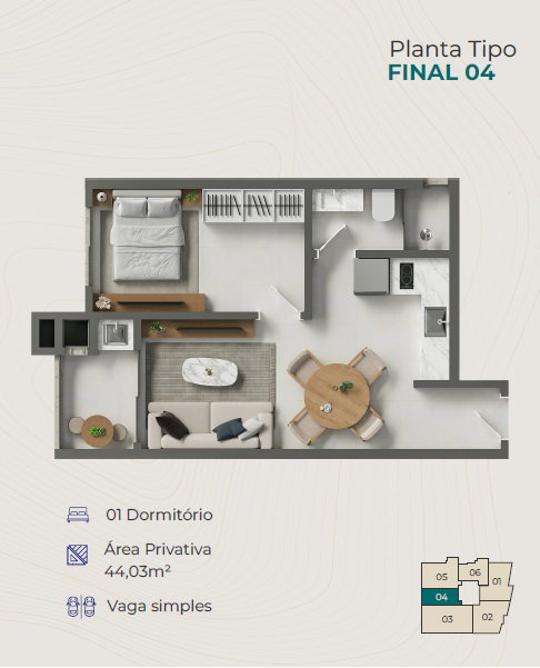 Planta Final 04, 1 dormitório · 44 m² do Avalon