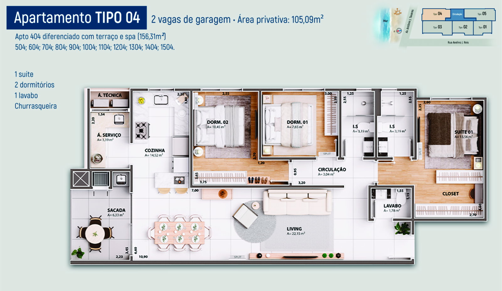 Planta Tipo 04, 3 dormitórios · 1 suíte · 105 m² do Ilha de Capri