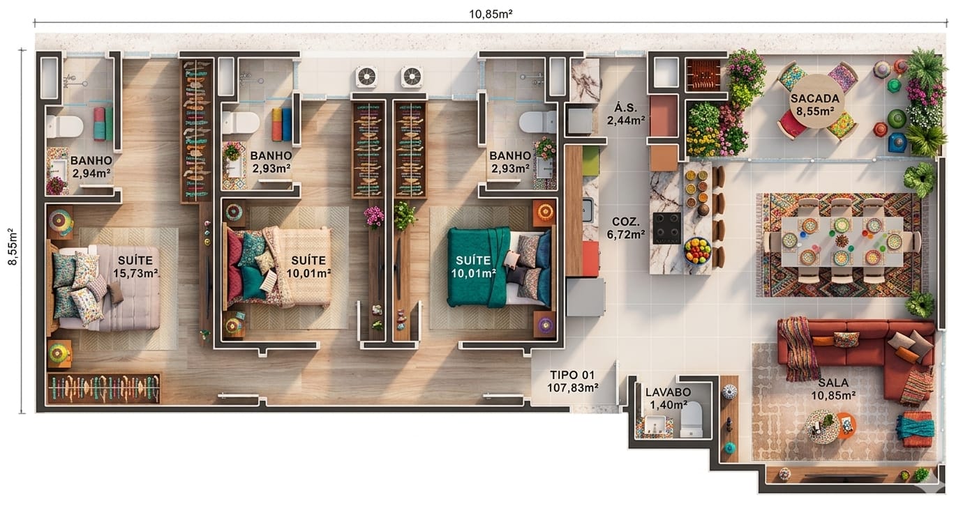 Planta Tipo 01 (2 de 3), 108 m² do Imperador