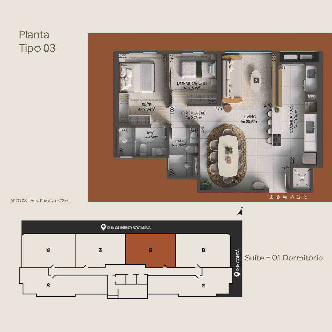 Planta Tipo 03, 2 dormitórios · 1 suíte · 72 m² do Fare