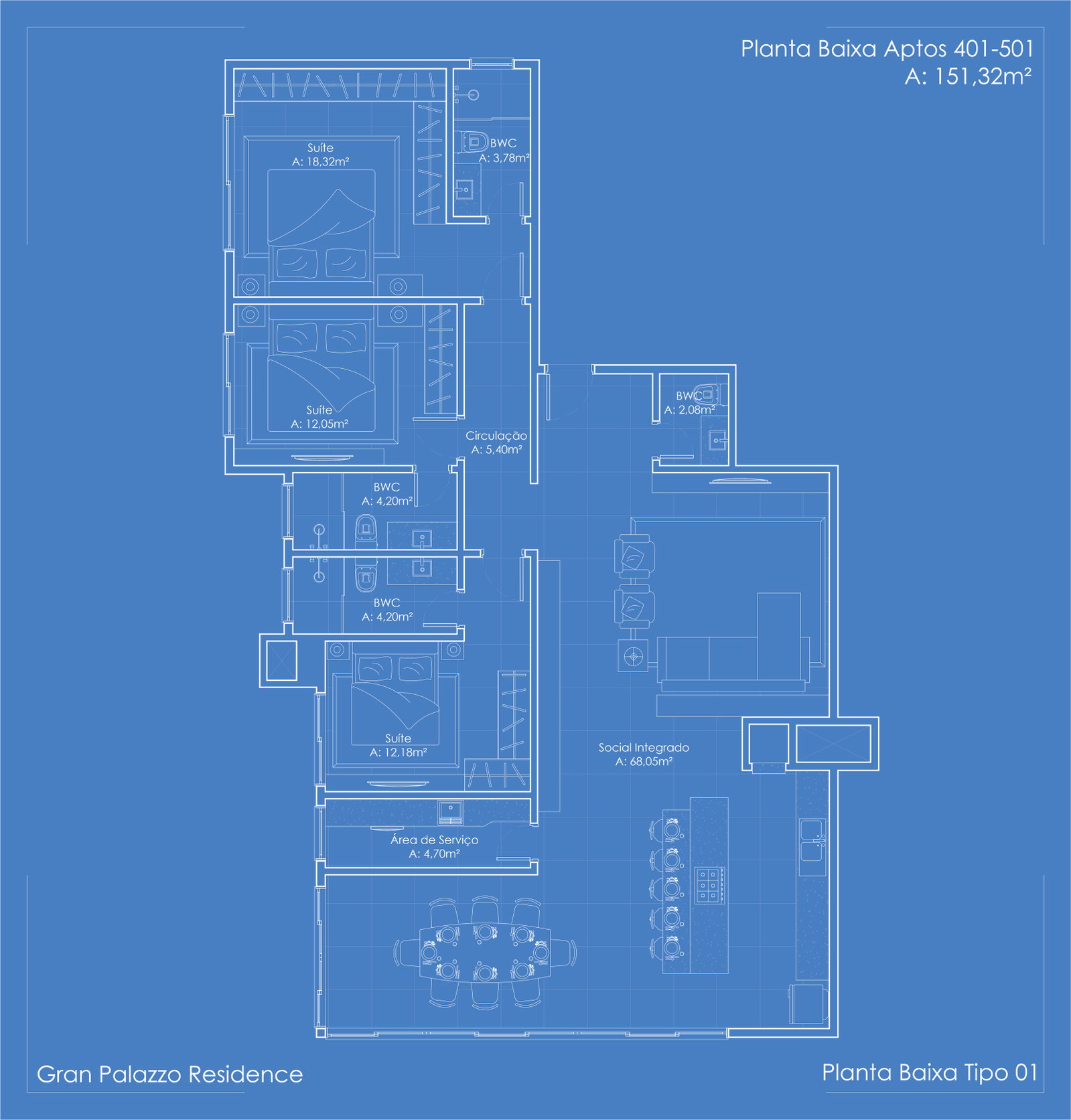 Planta Aptos 401-501, 151 m² do Gran Palazzo