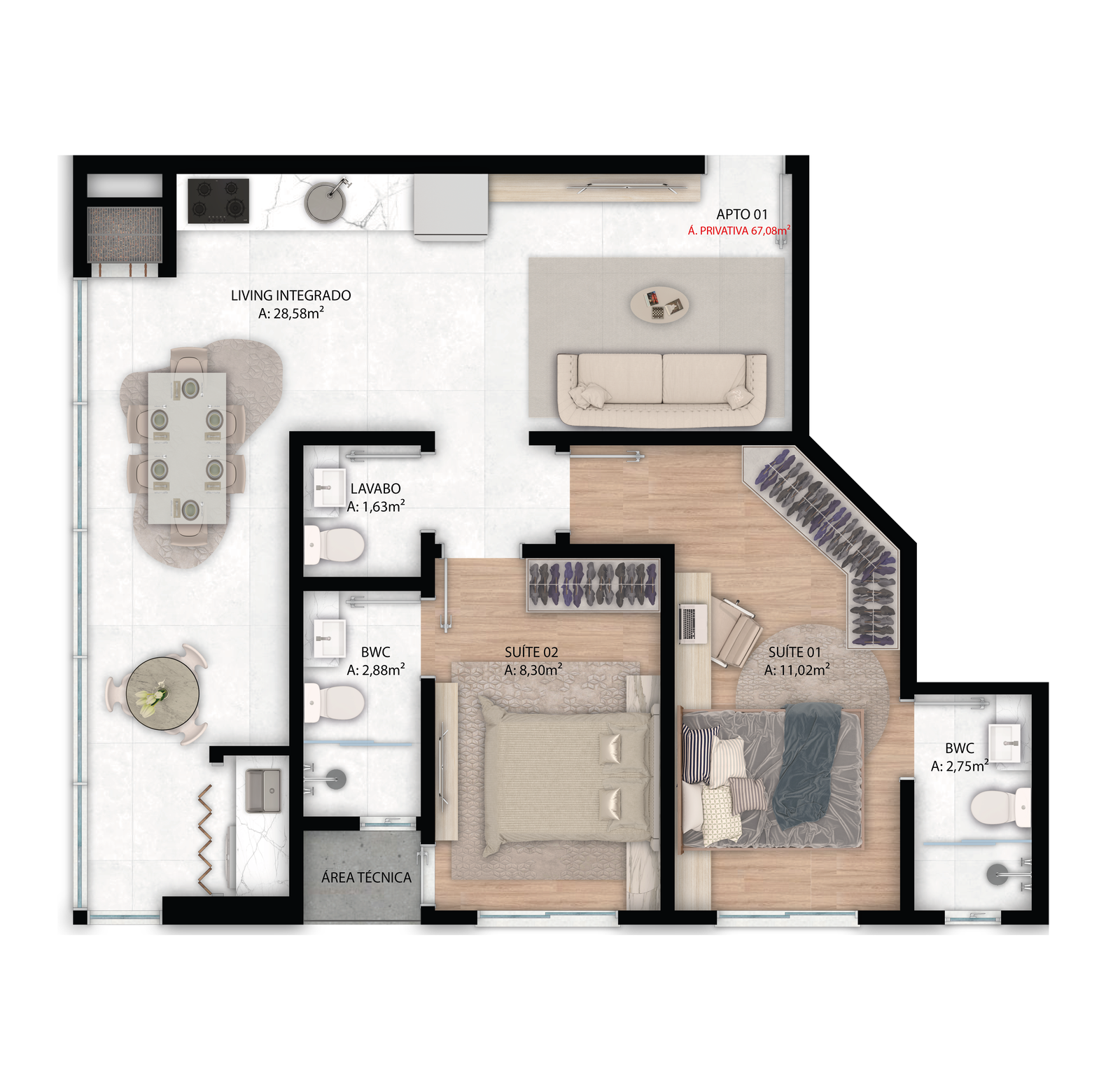 Planta Apto 01, 67 m² do Blue Tower