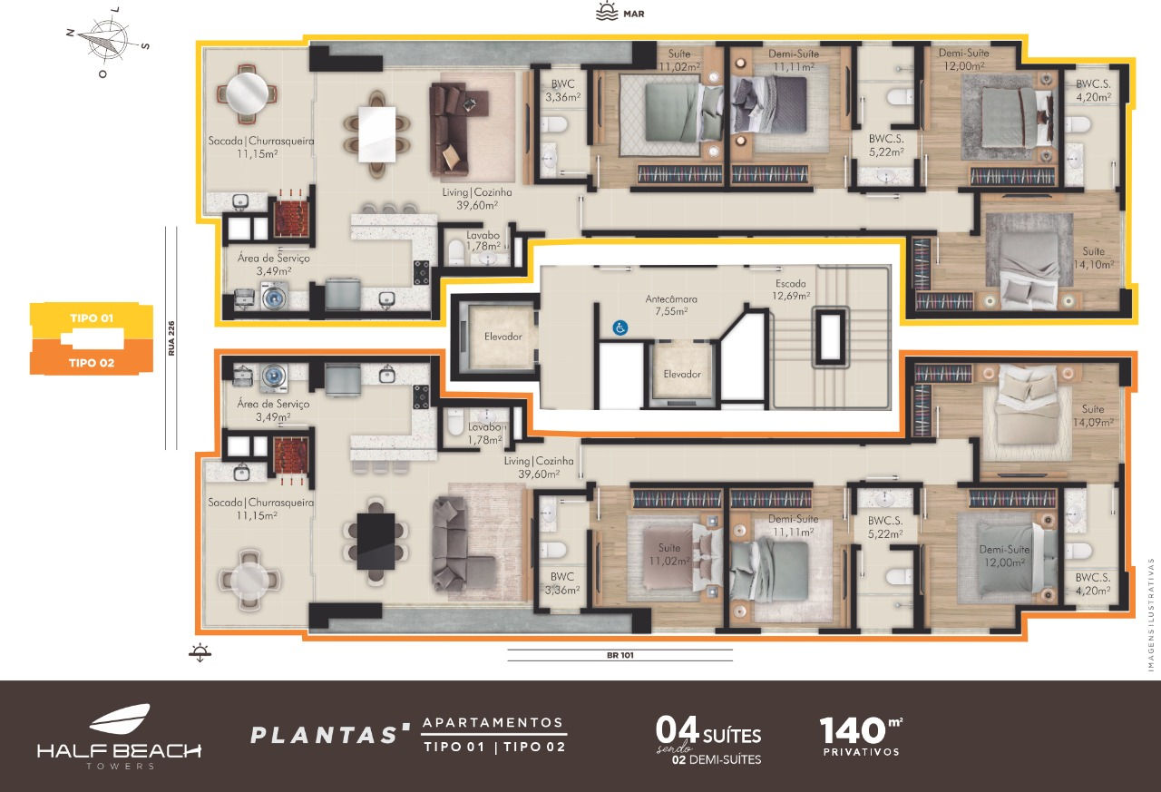 Planta Tipo 01, 4 suítes · 140 m² do Half Beach