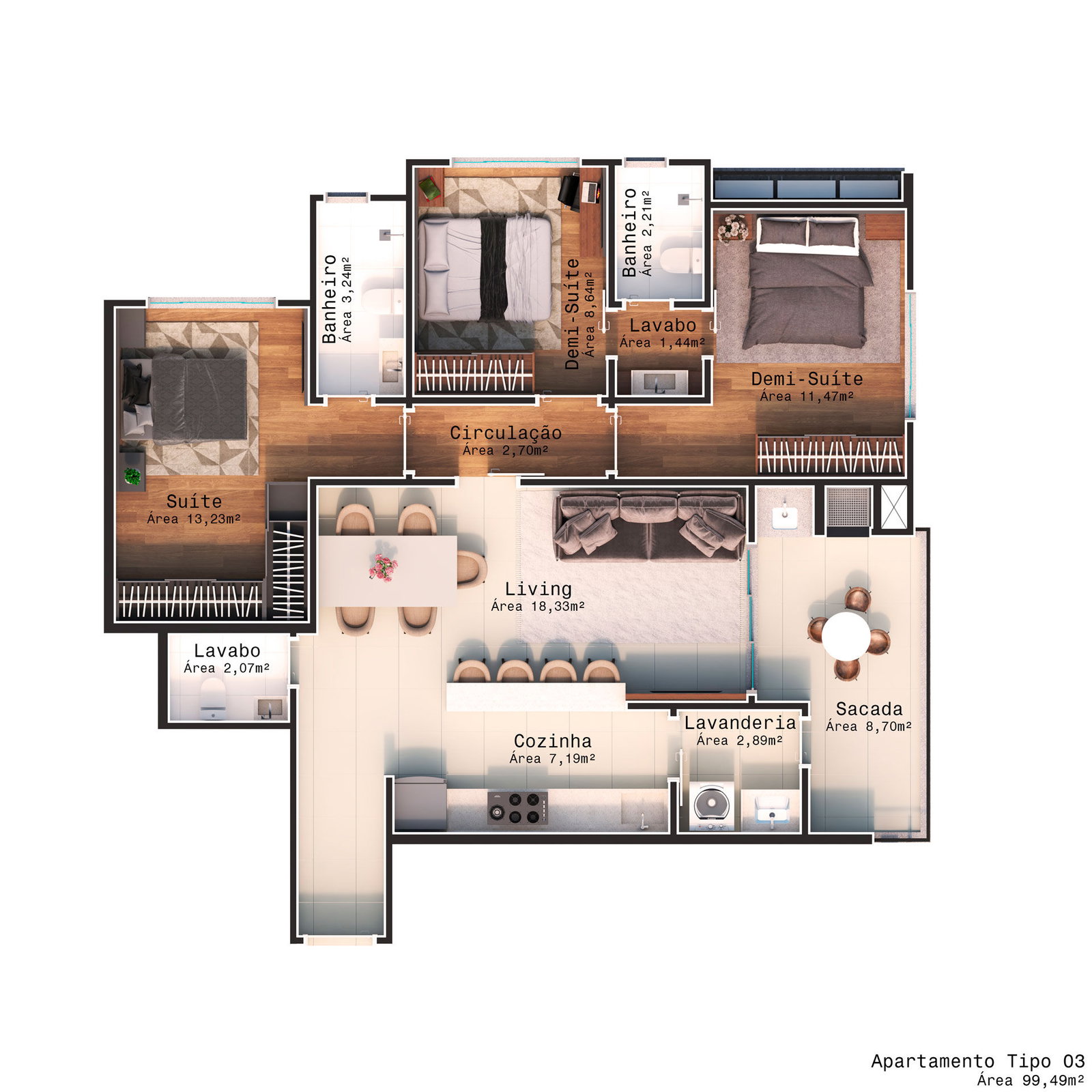 Planta Tipo 03, 99 m² do Belvedere
