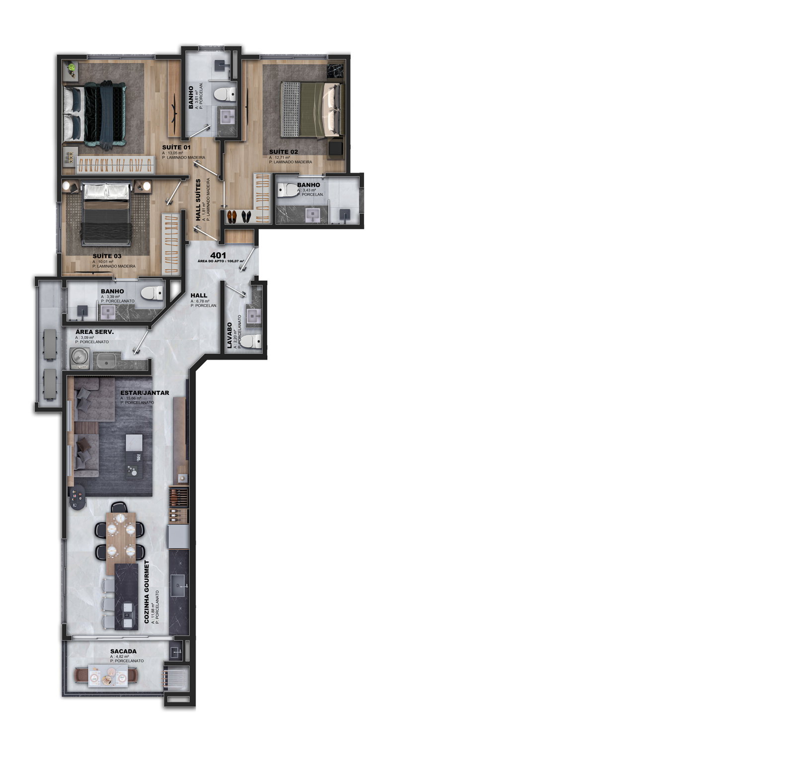 Planta Apto 401, 106 m² do Lê Vittá