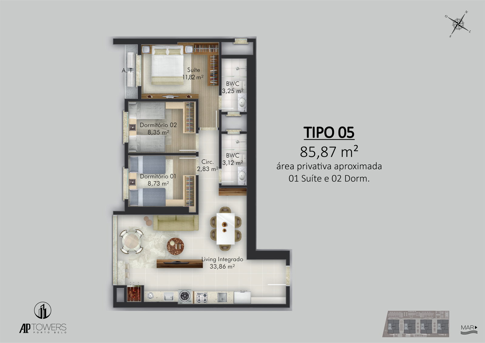 Planta Tipo 05, 3 dormitórios · 1 suíte · 86 m² do AP Towers Porto Belo - Fase 01