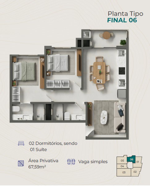 Planta Final 06, 2 dormitórios · 1 suíte · 68 m² do Avalon