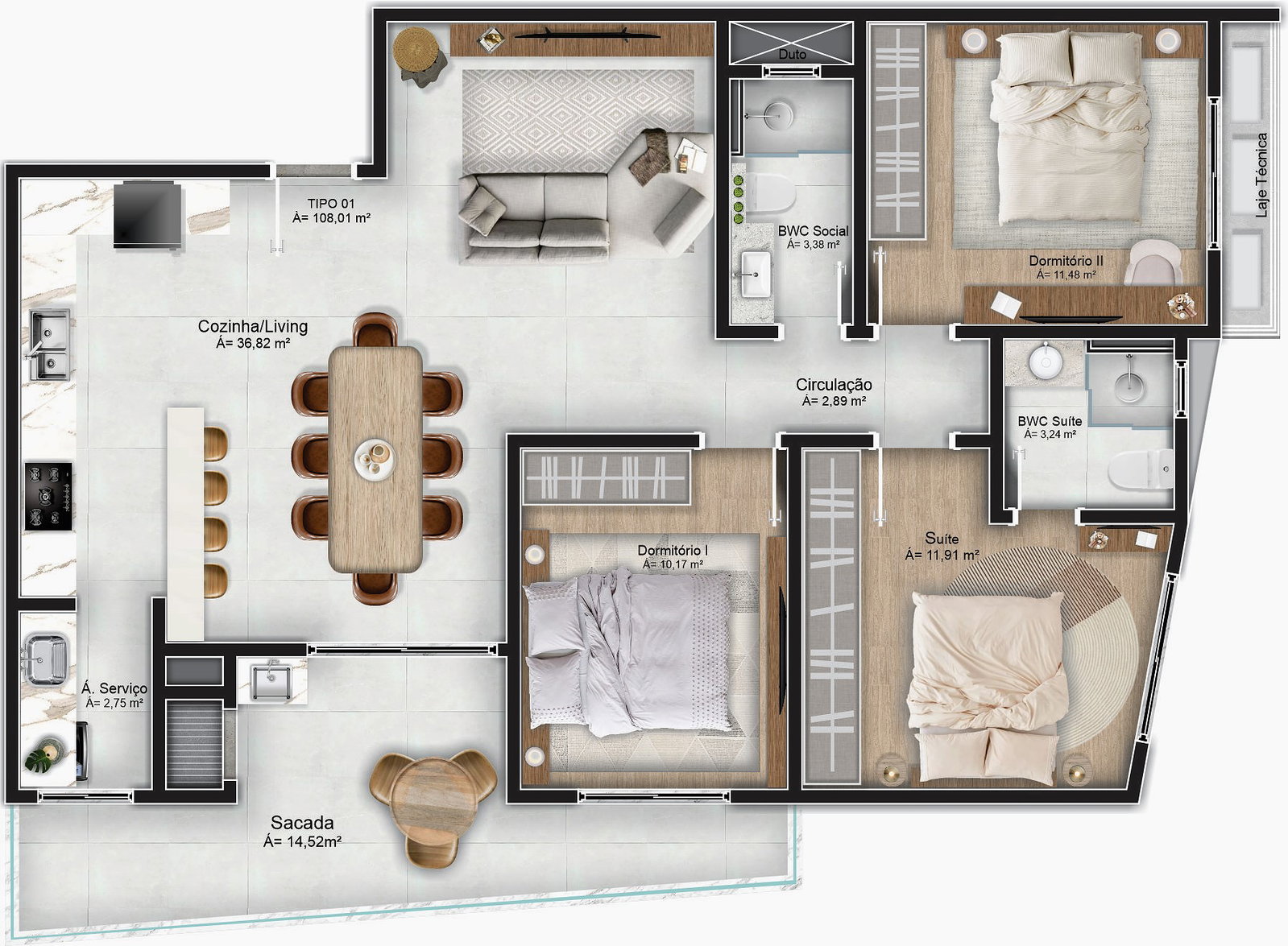 Planta Tipo 01, 108 m² do Majestic