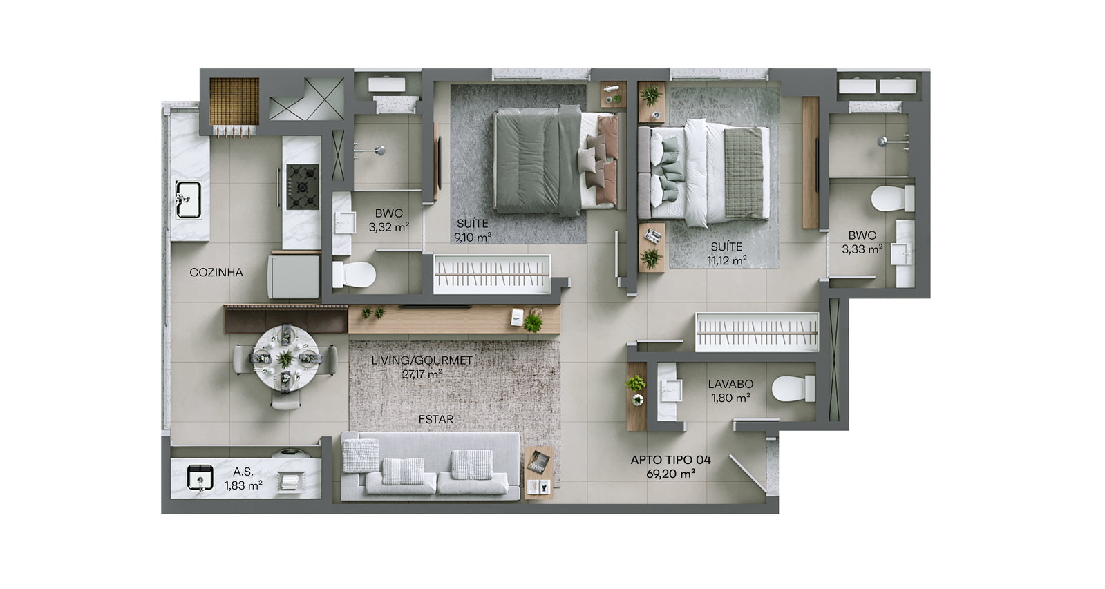 Planta Tipo 04, 69 m² do La Terrasse