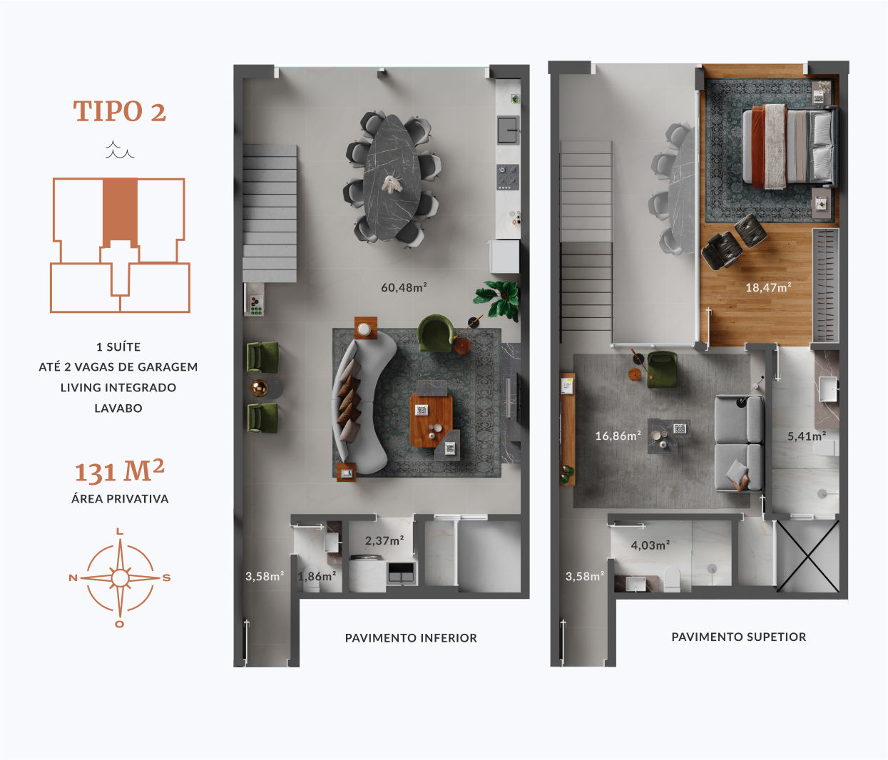 Planta Tipo 2, 1 suíte · 131 m² do Amber