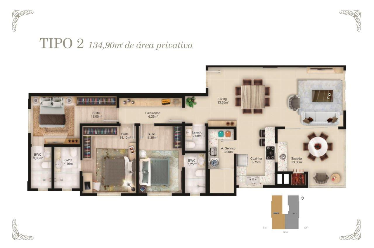 Planta Tipo 2, 135 m² do Le Premier