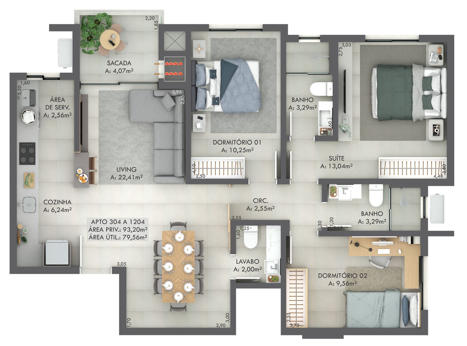 Planta Apto 304 a 1204, 93 m² do Gran Michel Residence