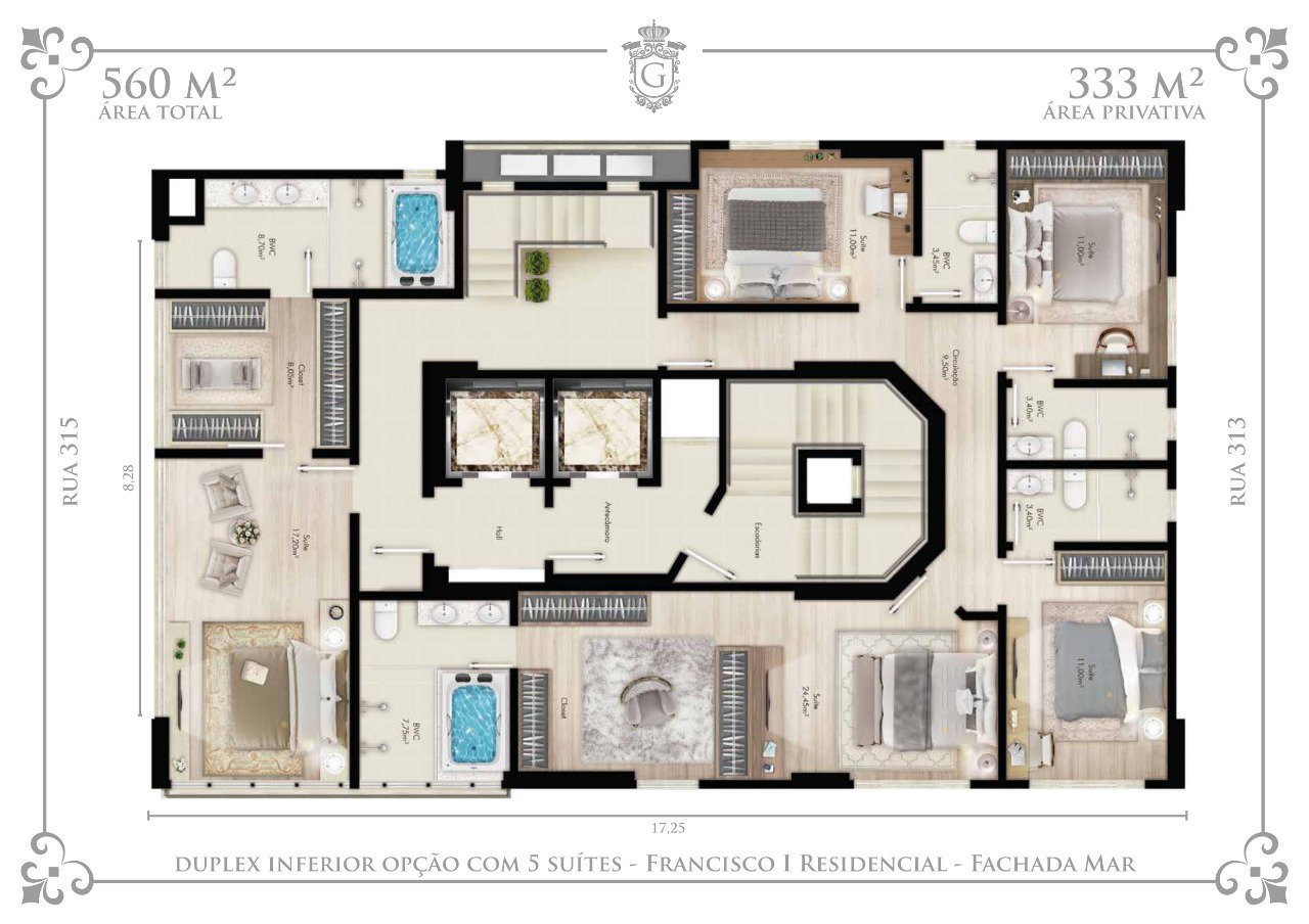 Planta Duplex Inferior, 5 suítes · 333 m² do Francisco I