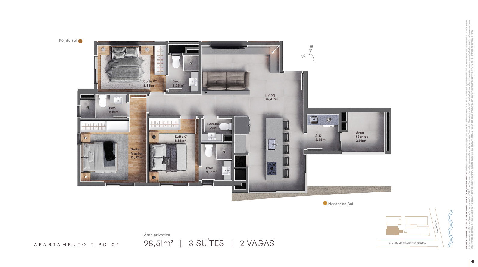 Planta Tipo 04, 3 suítes · 99 m² do Grant Vista