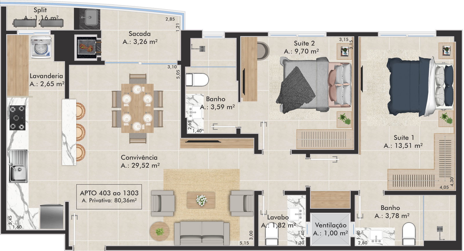 Planta Aptos 403 ao 1303, 80 m² do L'Essence Home Club