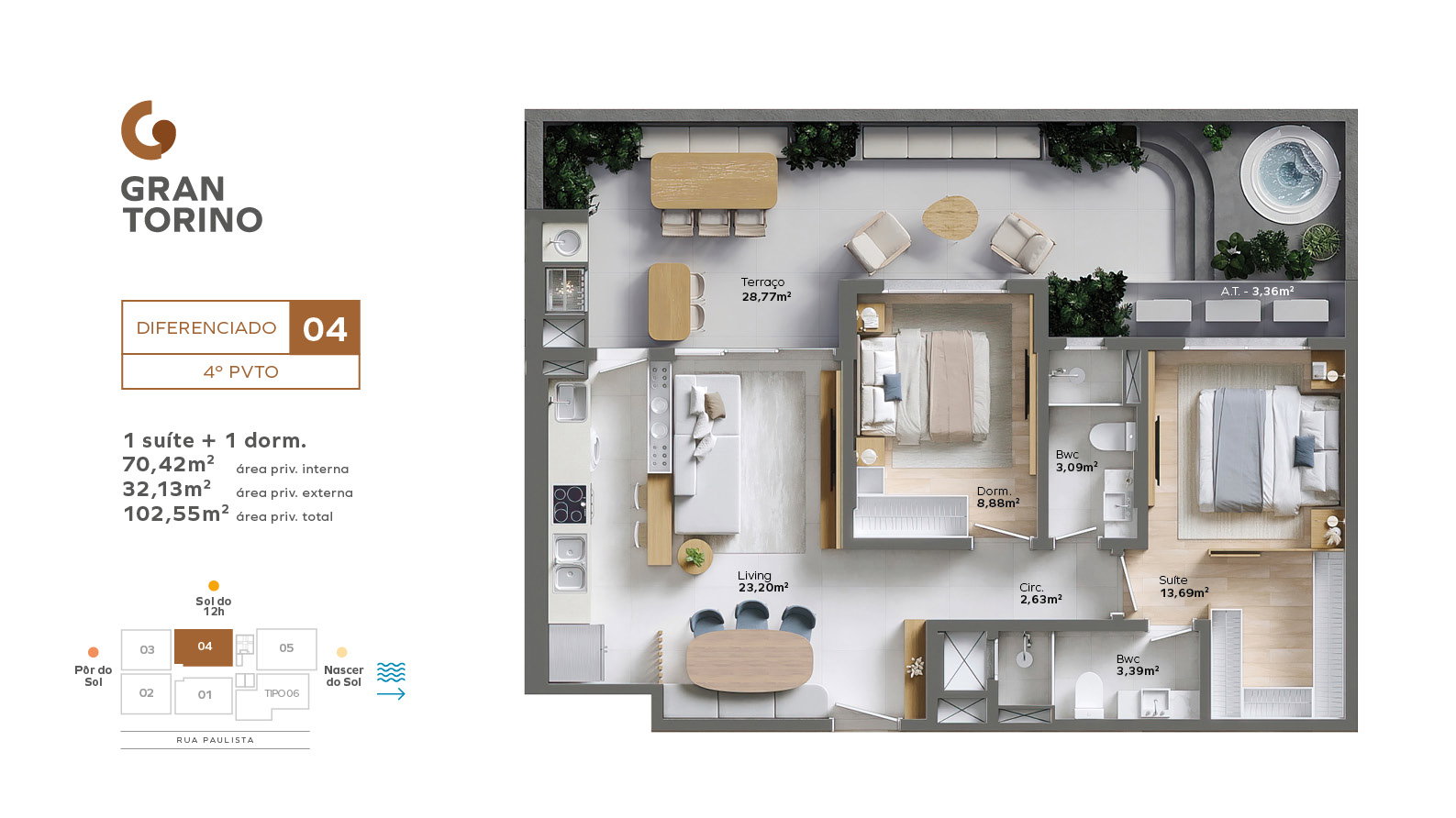 Planta Diferenciado 04, 2 dormitórios · 1 suíte · 70 m² do Gran Torino