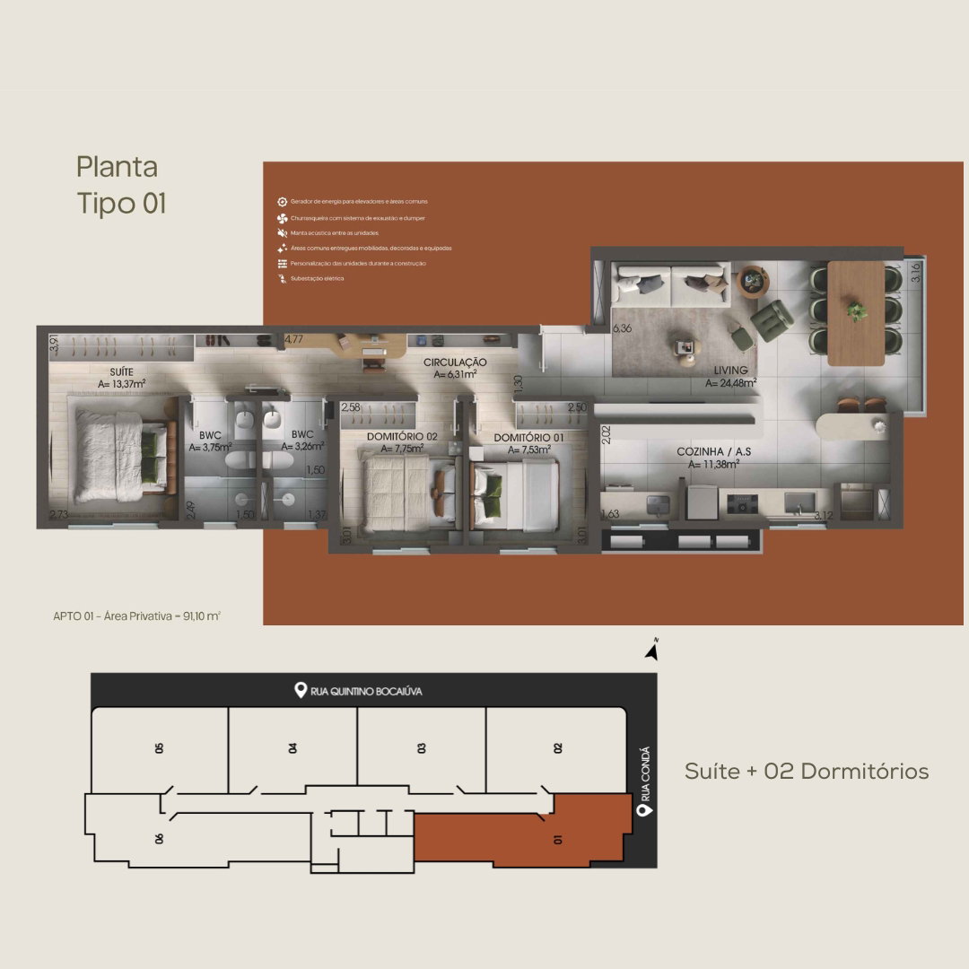 Planta Tipo 01, 3 dormitórios · 1 suíte · 91 m² do Fare