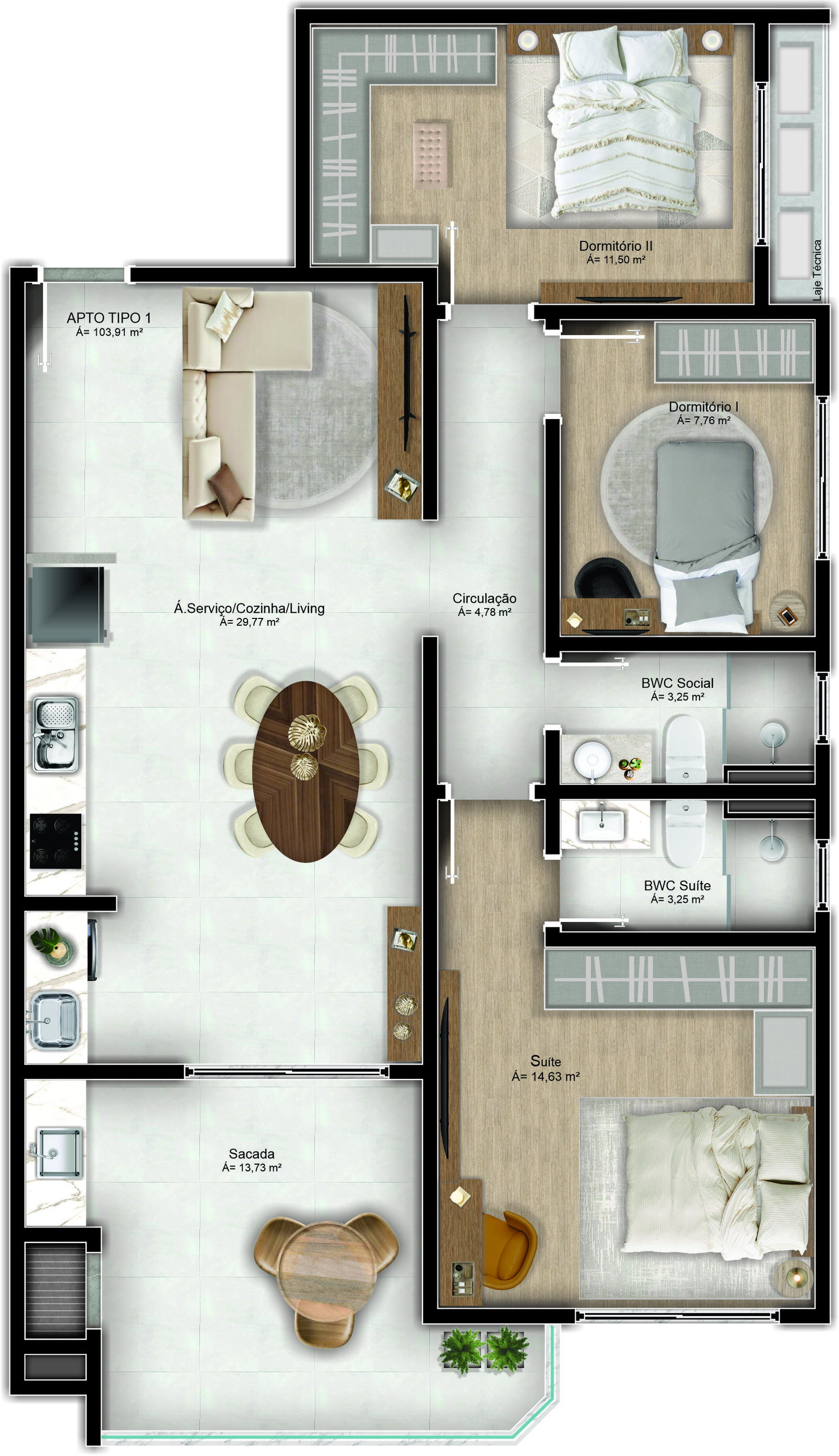 Planta Tipo 1, 104 m² do Eleganza Tower