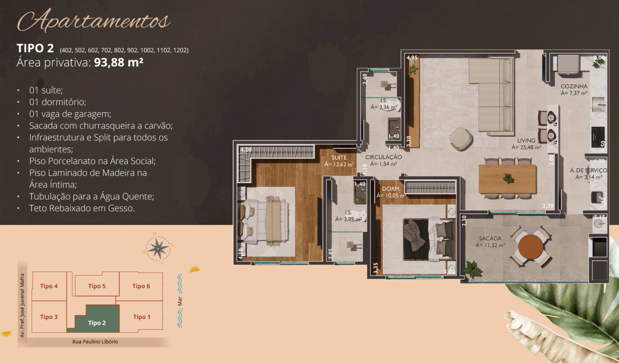 Planta Tipo 2, 2 dormitórios · 1 suíte · 94 m² do Ilha de Tenerife