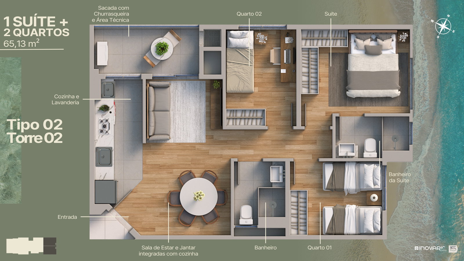 Planta Tipo 02 · Torre 2, 3 dormitórios · 1 suíte · 65 m² do Marine Itajuba