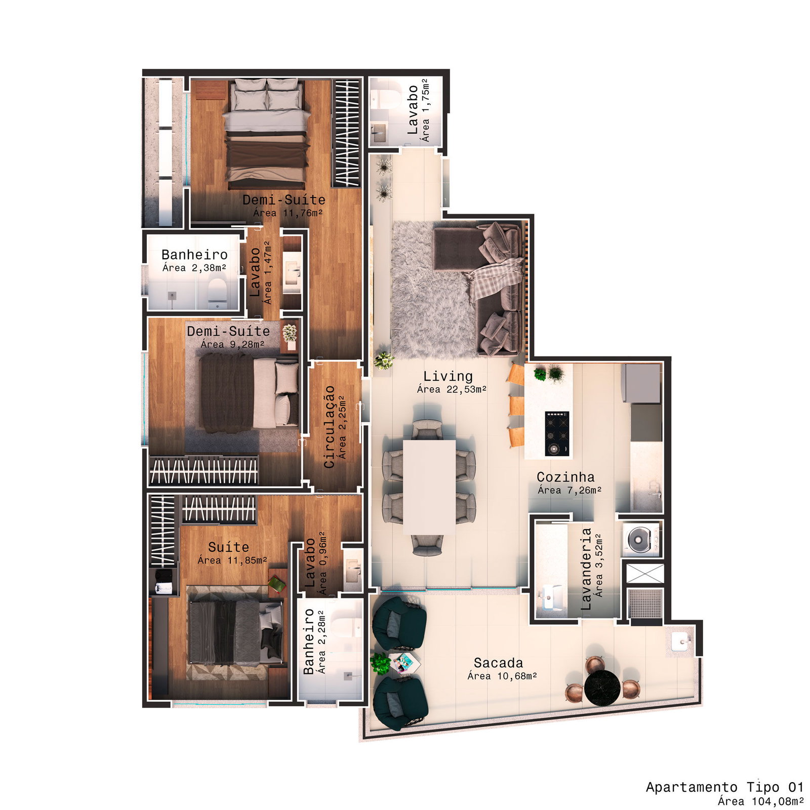 Planta Tipo 01, 104 m² do Belvedere