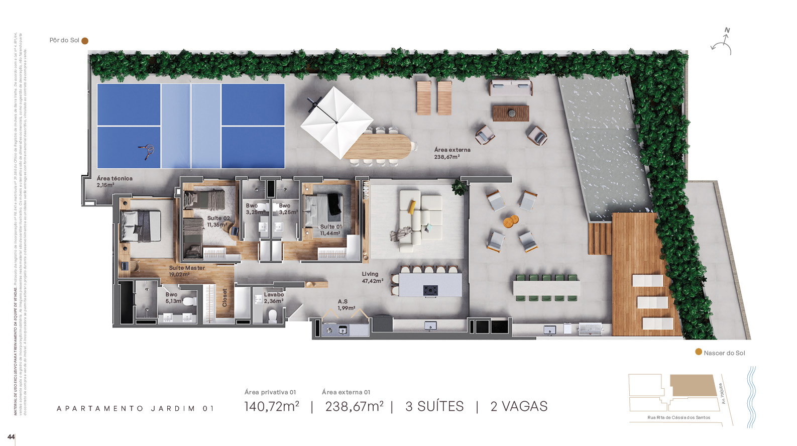 Planta Jardim 01, 3 suítes · 141 m² do Grant Vista
