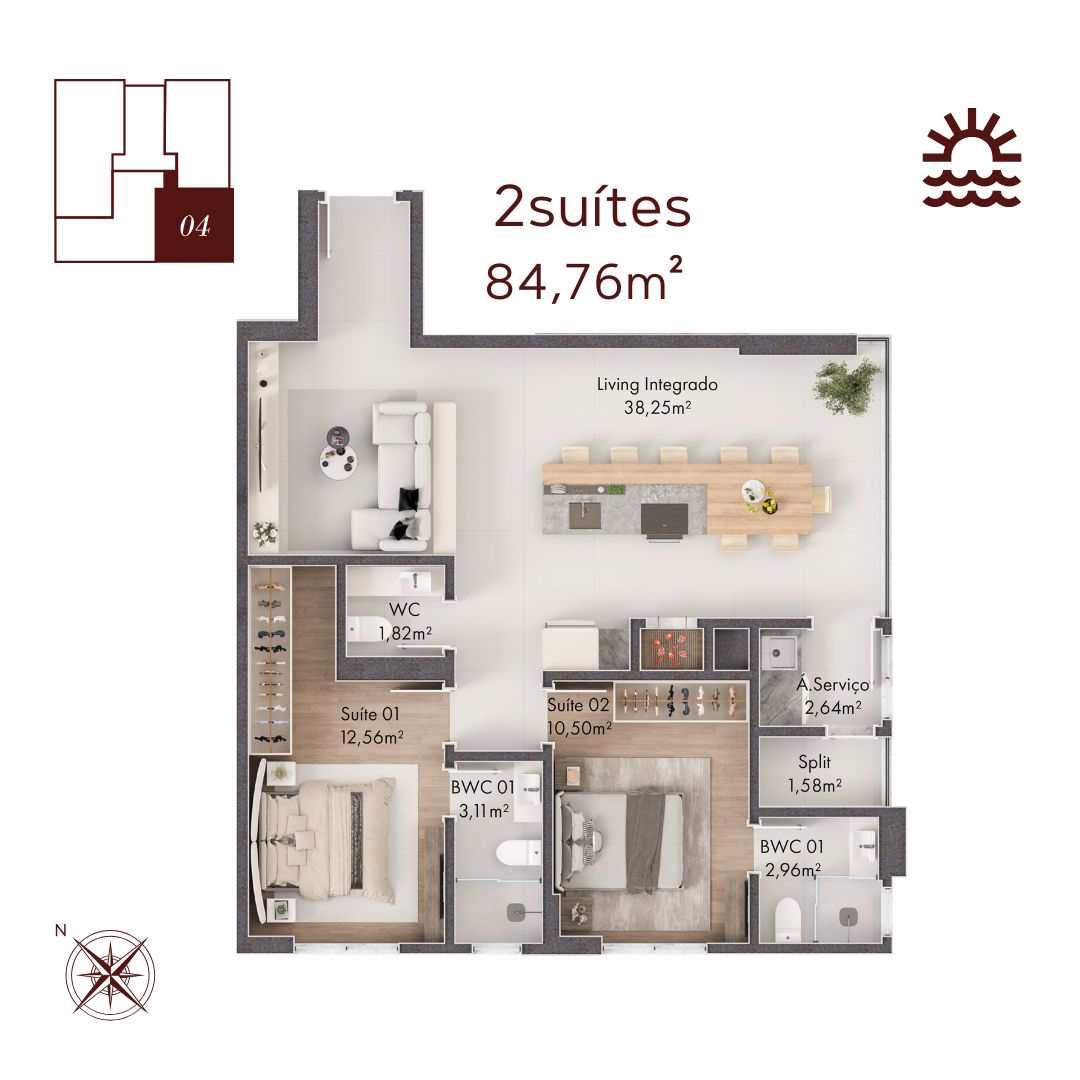 Planta Final 04, 2 suítes · 85 m² do Majestic View