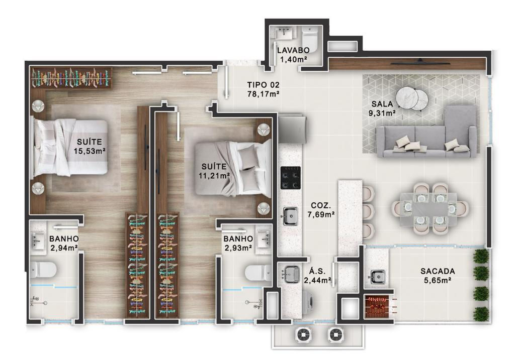 Planta Tipo 02, 78 m² do Imperador