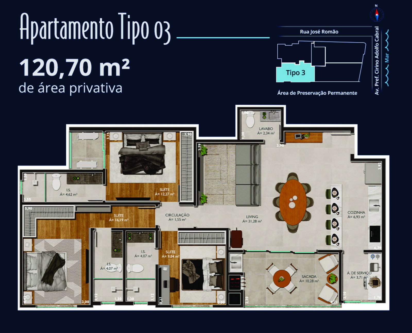 Planta Tipo 03, 121 m² do Ilha de San Blás