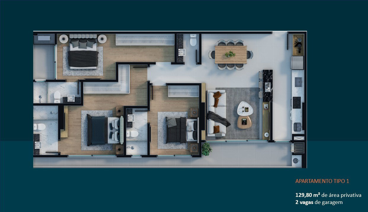 Planta Tipo 1, 130 m² do Diamond Hill Residence