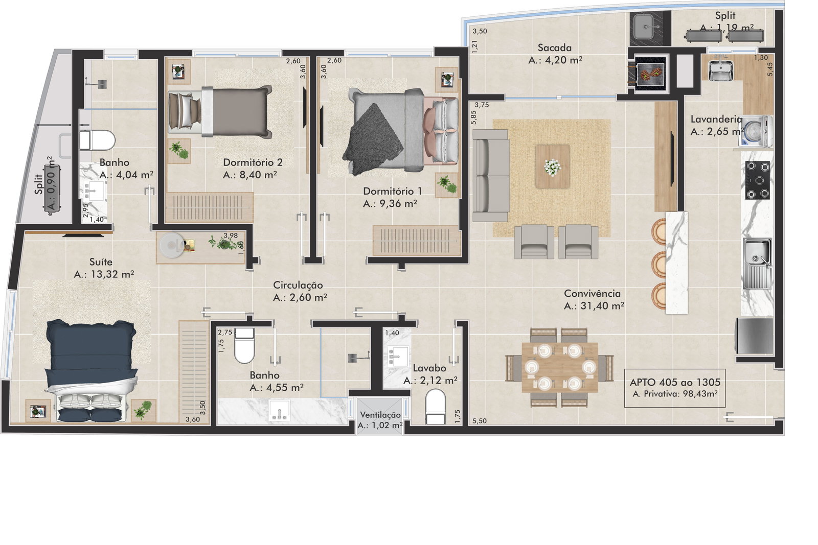 Planta Aptos 405 ao 1305, 98 m² do L'Essence Home Club