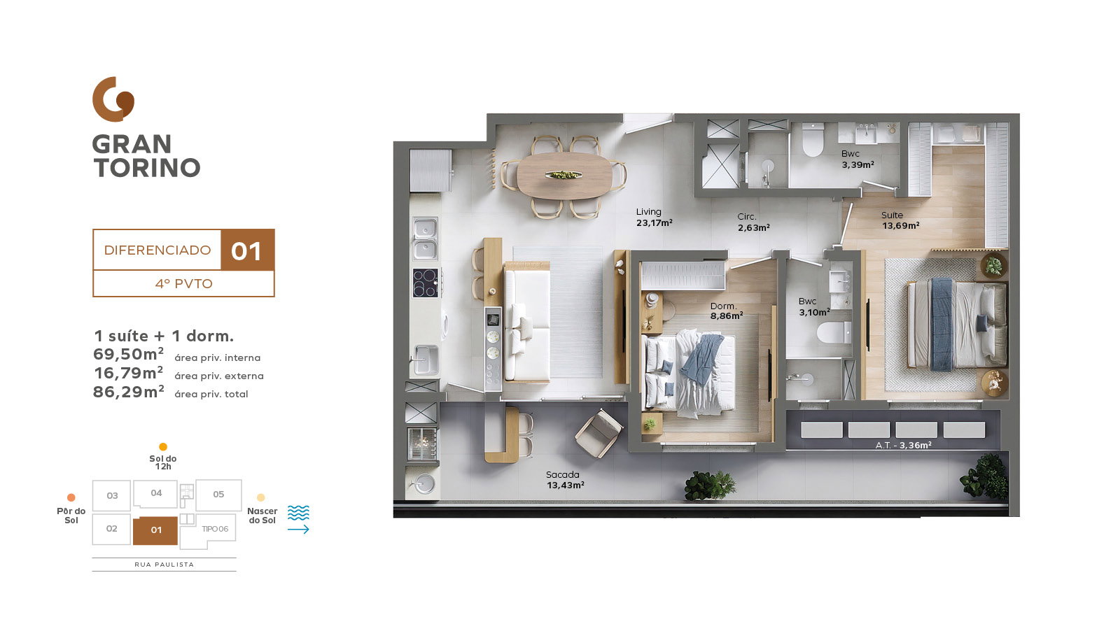 Planta Diferenciado 01, 2 dormitórios · 1 suíte · 70 m² do Gran Torino