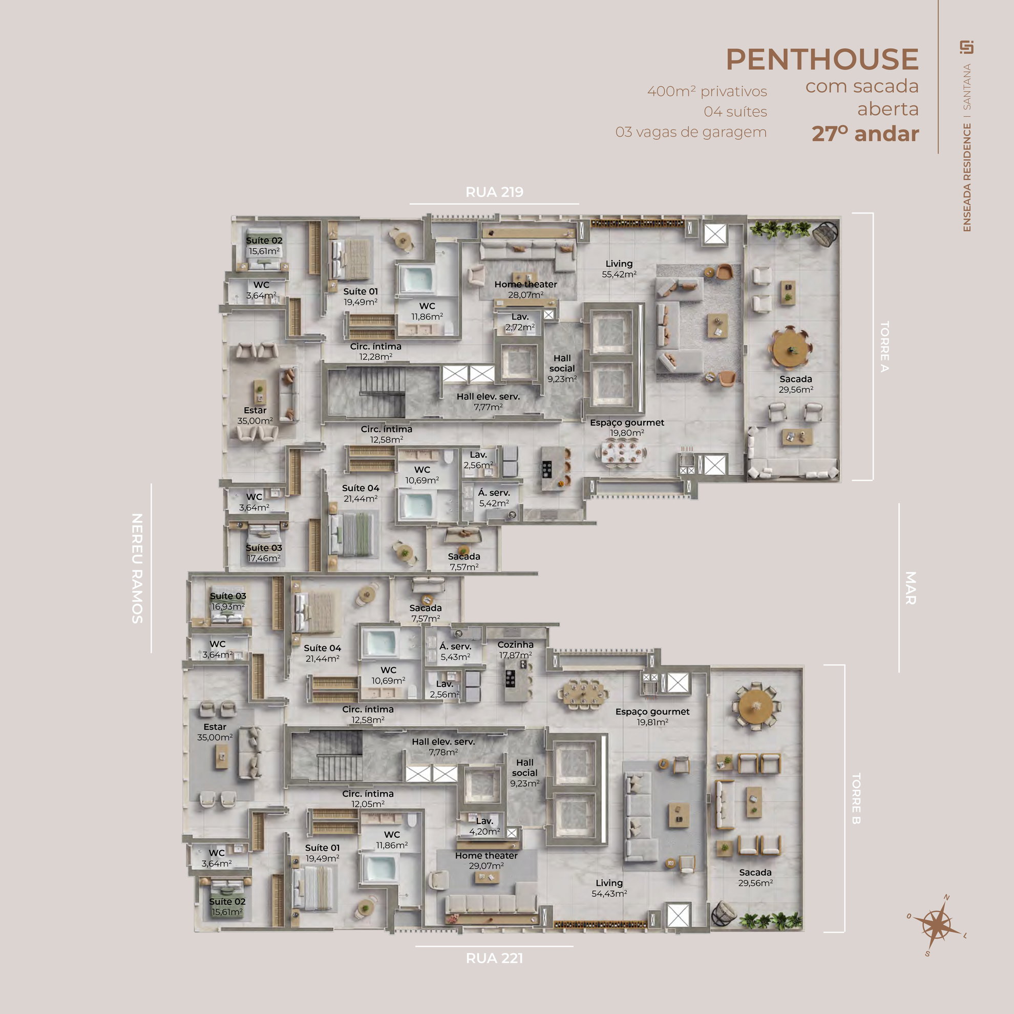 Planta Penthouse (2 de 4), 4 suítes do Enseada Residence
