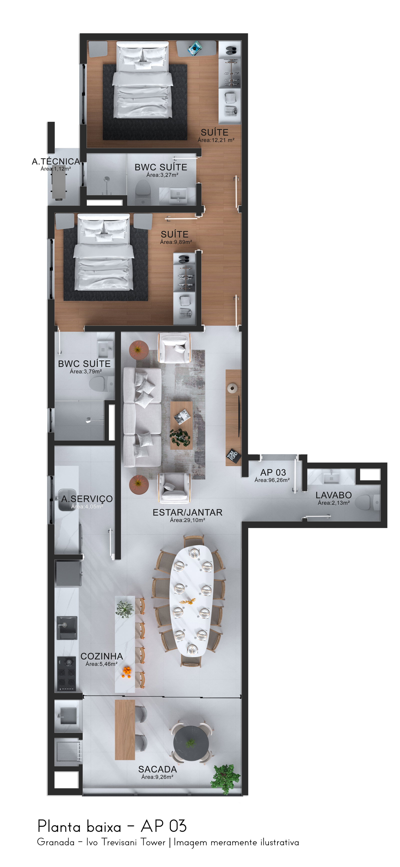 Planta AP 03, 96 m² do Ivo Trevisani Tower