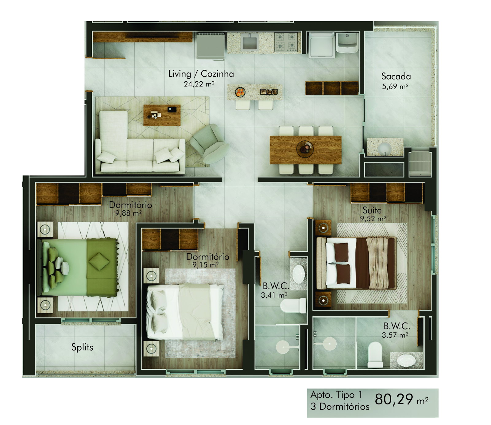 Planta Tipo 1, 3 dormitórios · 80 m² do Jardins de Sintra