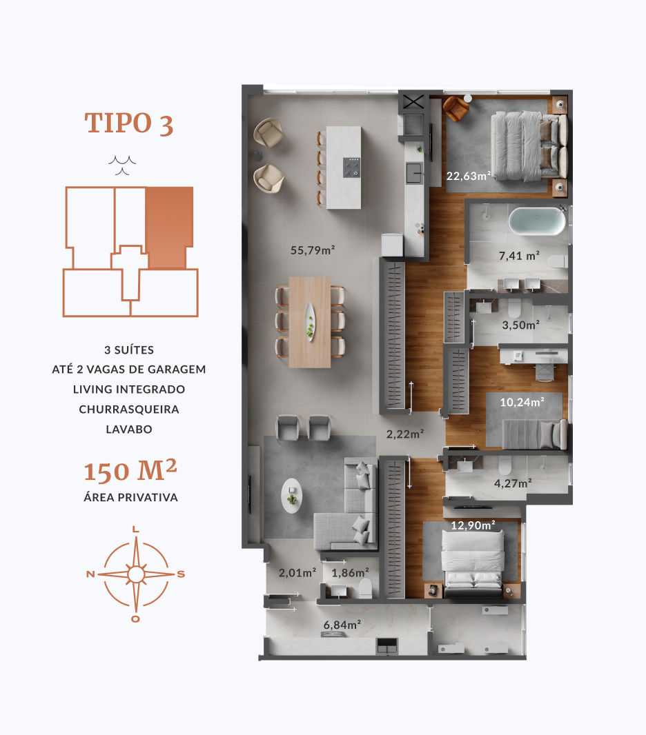Planta Tipo 3, 3 suítes · 150 m² do Amber