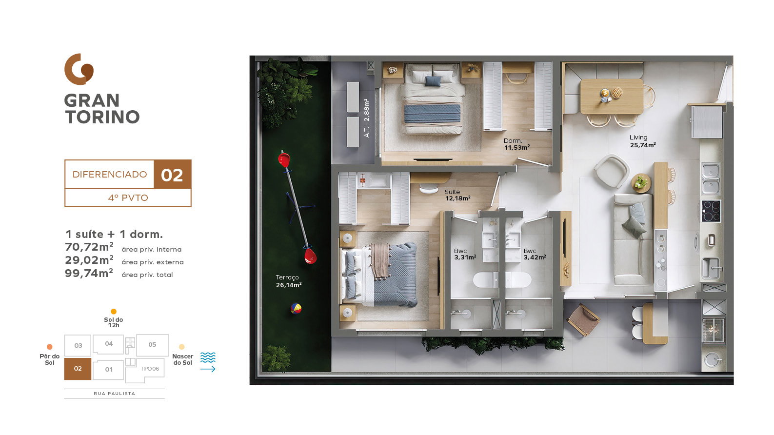 Planta Diferenciado 02, 2 dormitórios · 1 suíte · 71 m² do Gran Torino