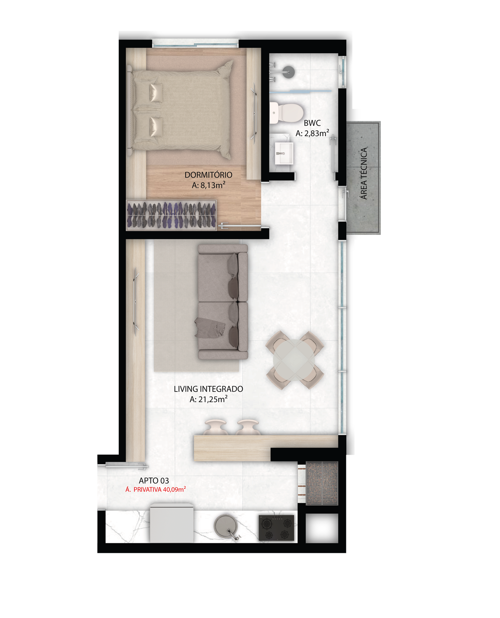 Planta Apto 03, 40 m² do Blue Tower